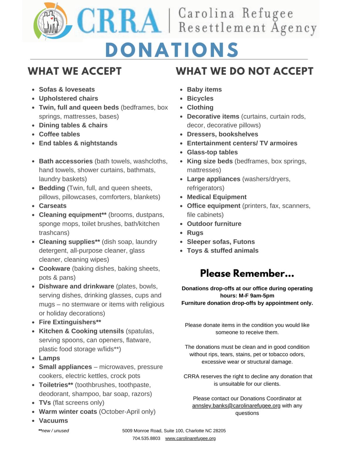 Donate Items – Carolina Refugee Resettlement Agency